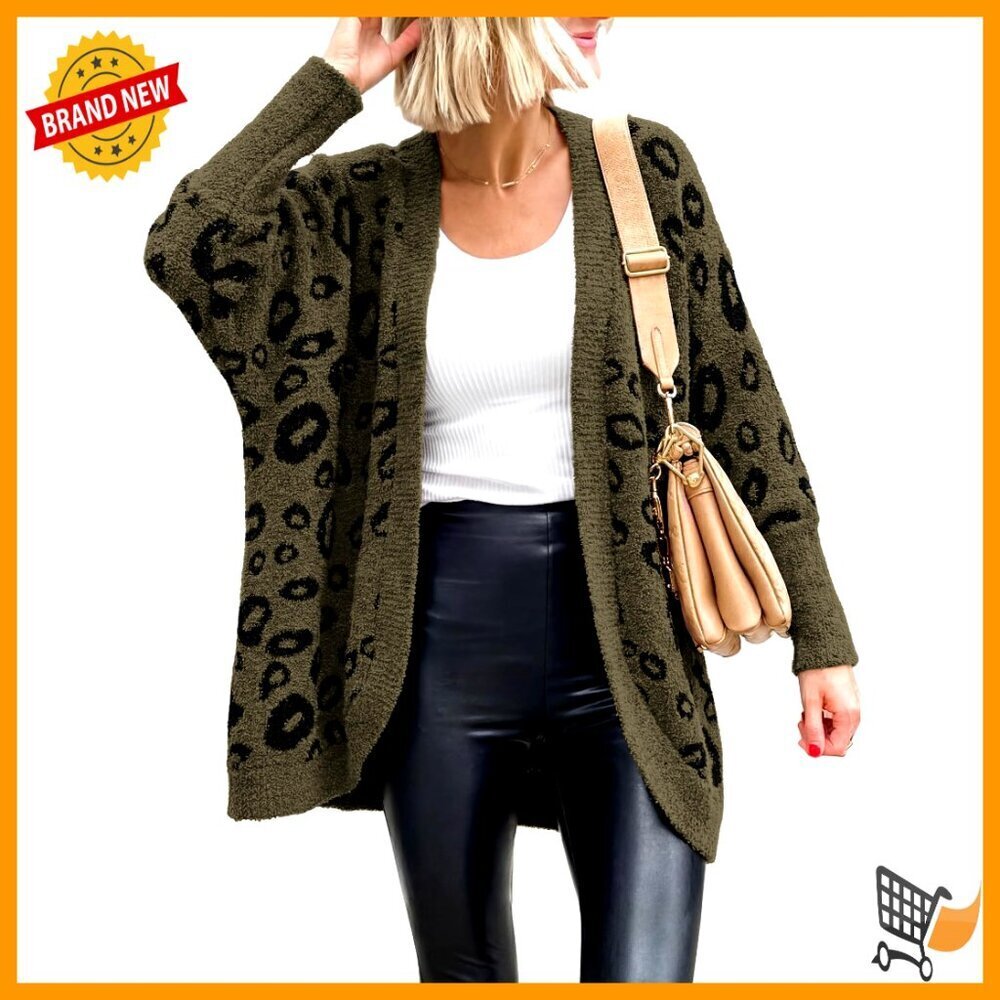 Leopard Print Cardigan Oversized Batwing Sleeves Open Front Knit Sweater
